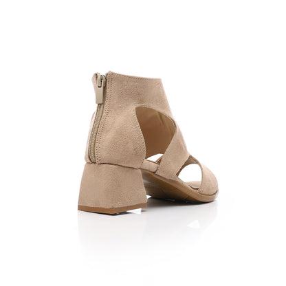 Suede Open-Toe Cut-Out Block Heel Sandal - Beige