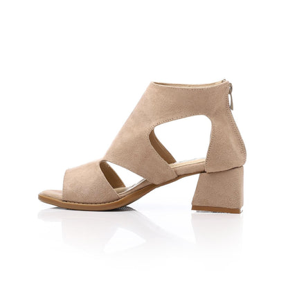 Suede Open-Toe Cut-Out Block Heel Sandal - Beige