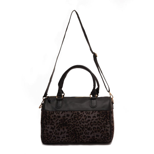 Faux Leather Animal Print Hand Bag - Black