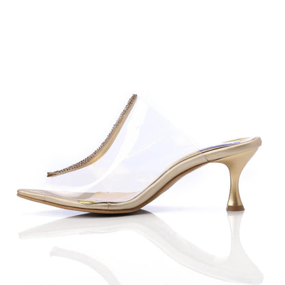 PVC Diamante Pointed-Toe Kitten Heel Mule