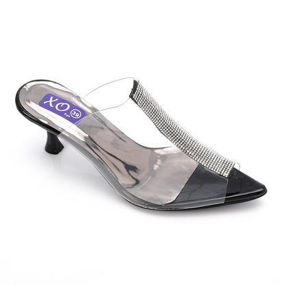 PVC Diamante Pointed-Toe Kitten Heel Mule