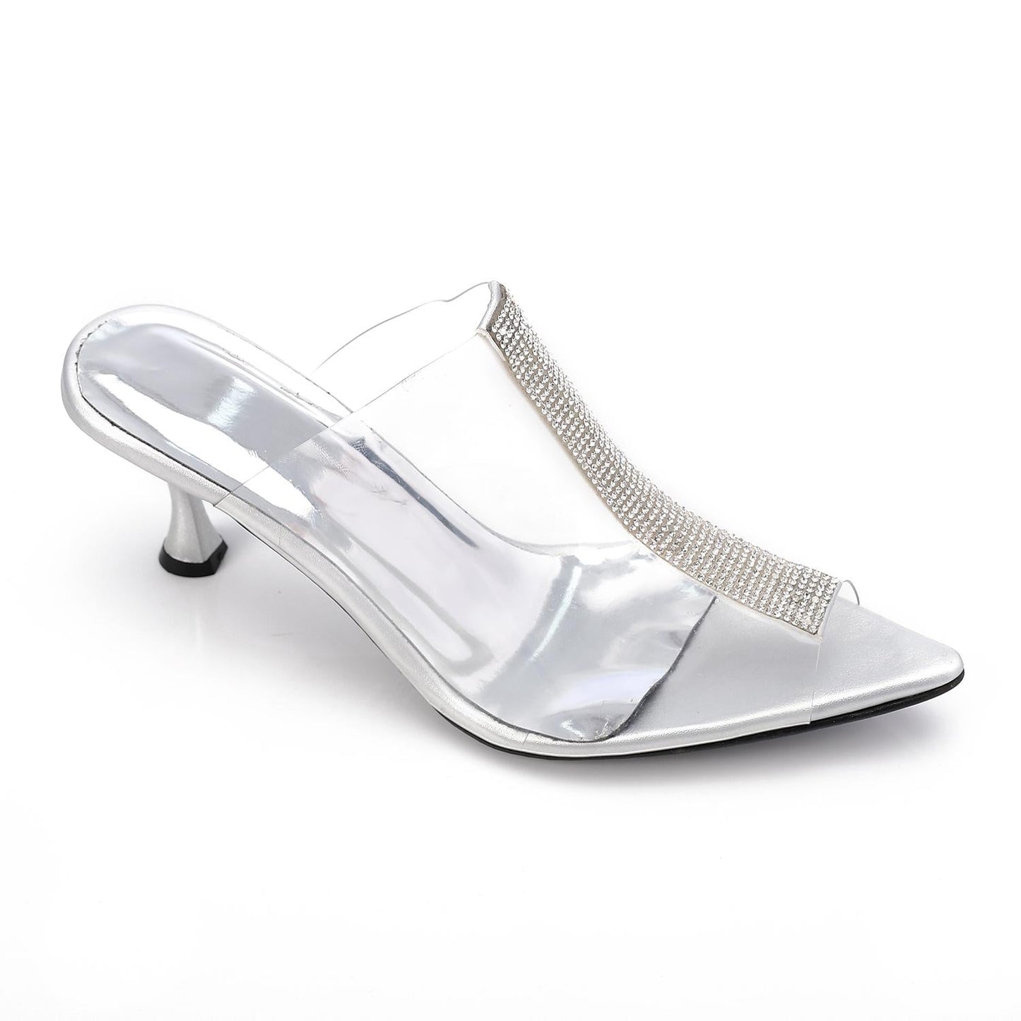 PVC Diamante Pointed-Toe Kitten Heel Mule