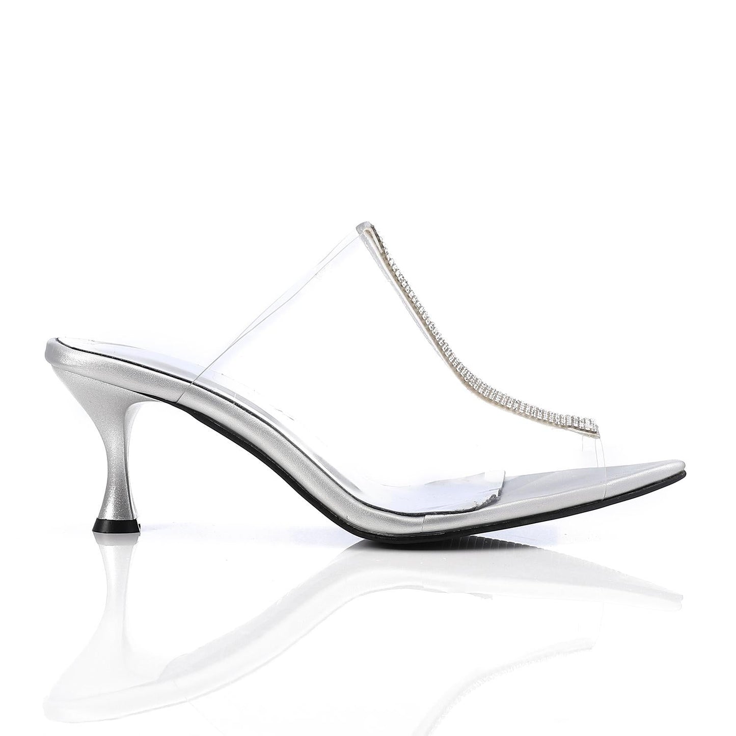 PVC Diamante Pointed-Toe Kitten Heel Mule