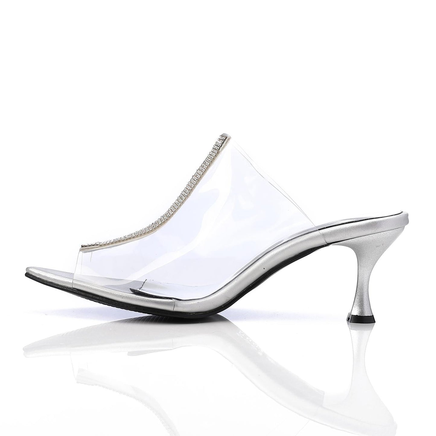 PVC Diamante Pointed-Toe Kitten Heel Mule