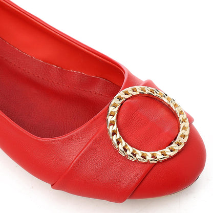 Faux Leather Round-Toe Flat - Red