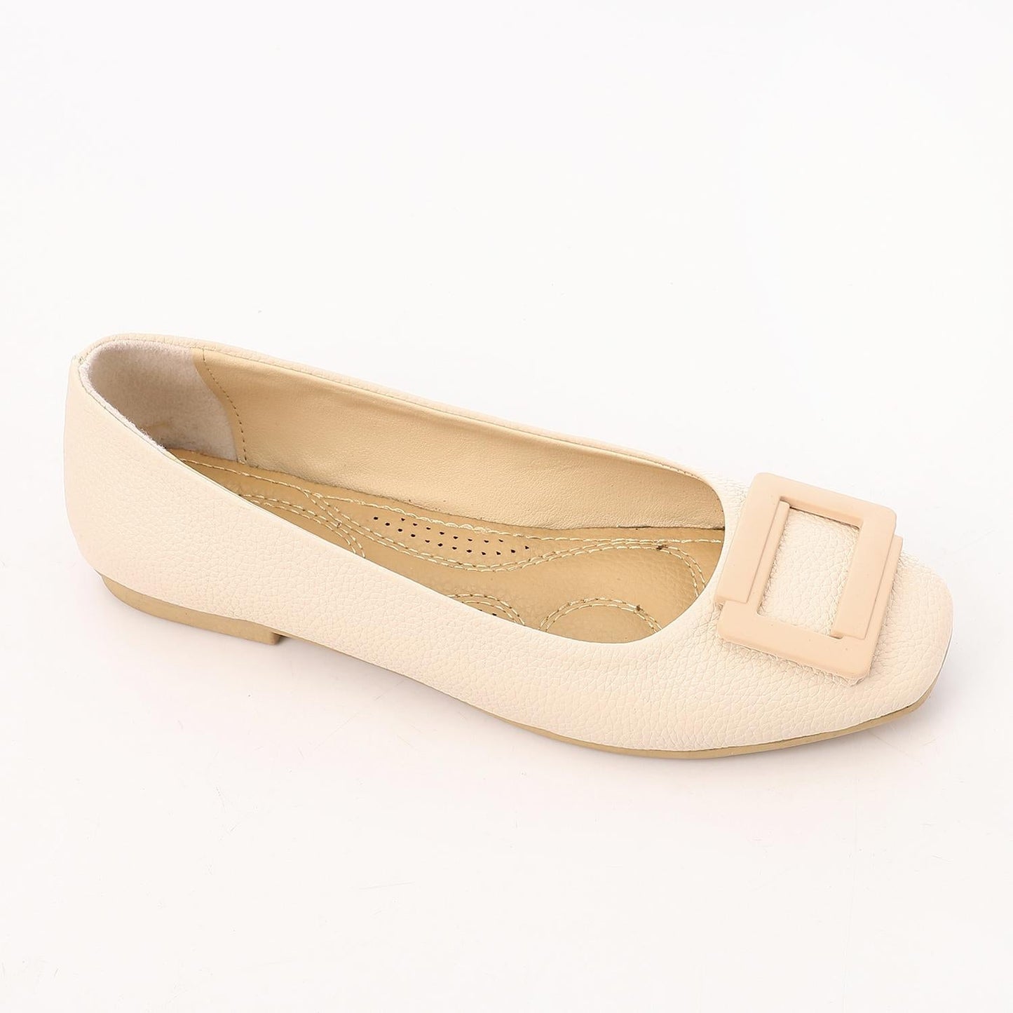 Faux Leather Textured Buckle Ballet Flats - Beige