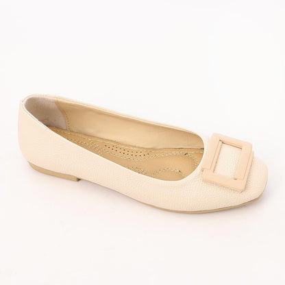 Faux Leather Textured Buckle Ballet Flats - Beige