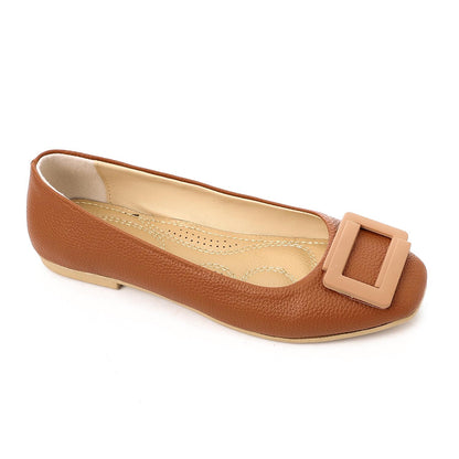 Faux Leather Textured Buckle Ballet Flats - Brown