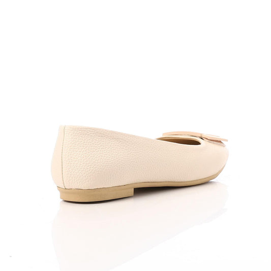 Faux Leather Textured Buckle Ballet Flats - Beige