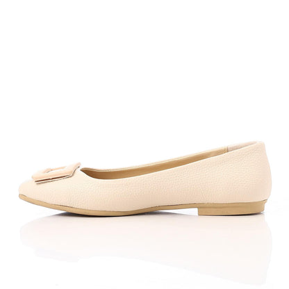 Faux Leather Textured Buckle Ballet Flats - Beige