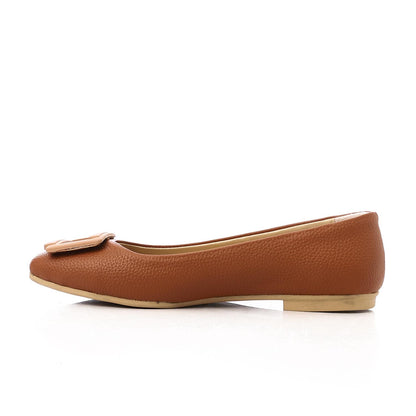 Faux Leather Textured Buckle Ballet Flats - Brown