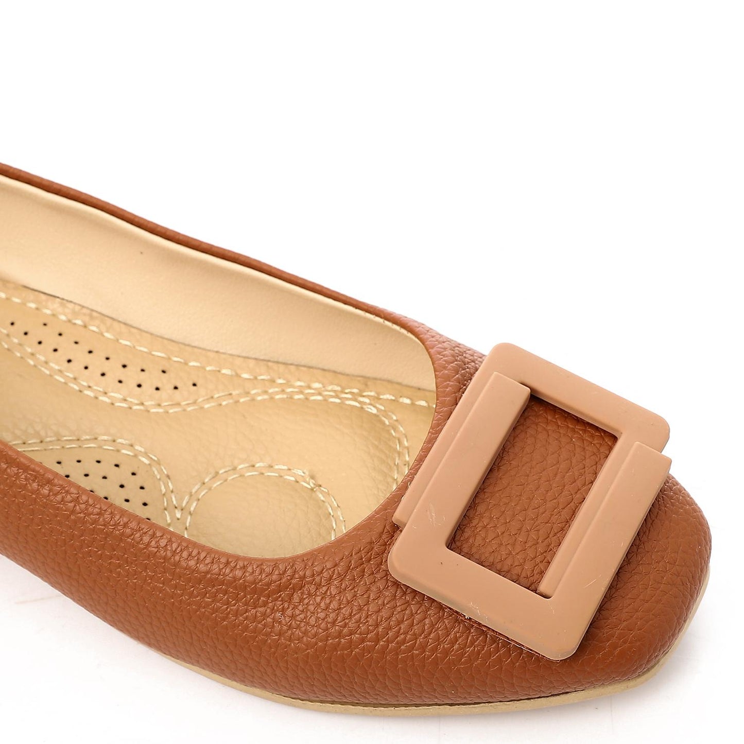 Faux Leather Textured Buckle Ballet Flats - Brown