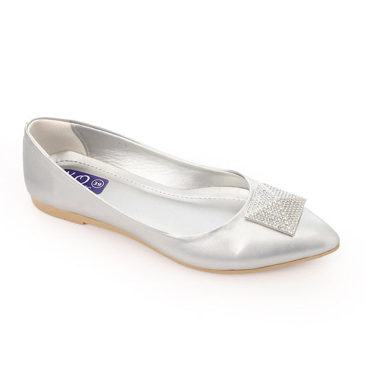 Faux Leather Embellished Ballet Flats - Silver