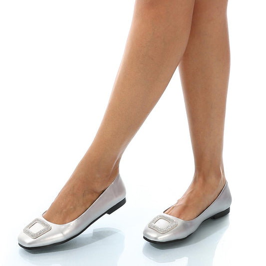 Leather Ballerina Strassed Square - Silver