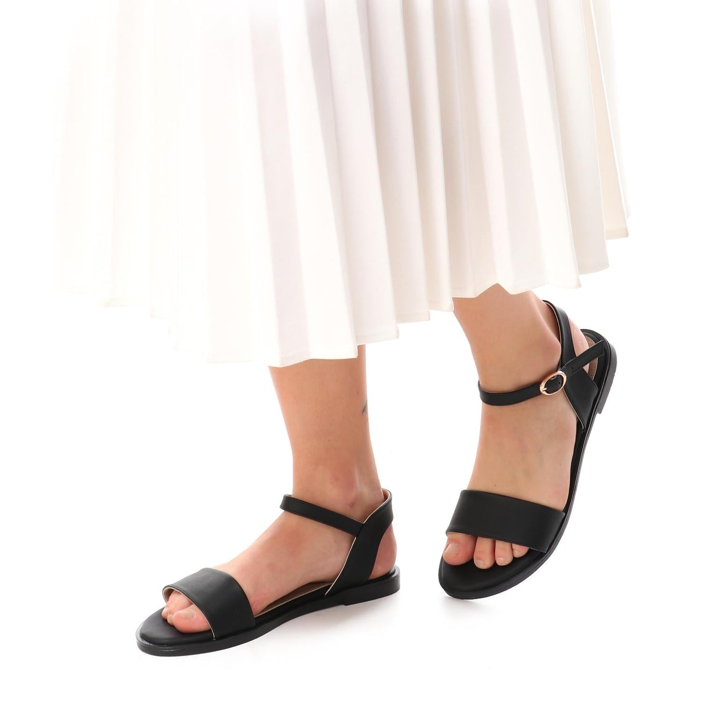 Faux Leather Ankle Strap Flat Sandal - Black