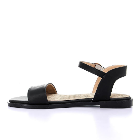 Faux Leather Ankle Strap Flat Sandal - Black