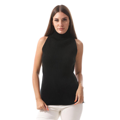Wool Crew Neck Sleeveless Pullover - Black