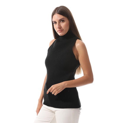 Wool Crew Neck Sleeveless Pullover - Black