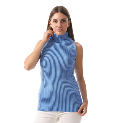 Wool Crew Neck Sleeveless Pullover - Blue