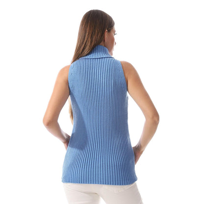Wool Crew Neck Sleeveless Pullover - Blue