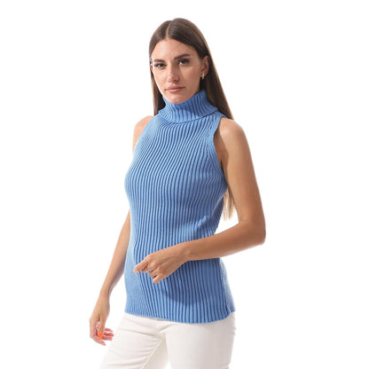 Wool Crew Neck Sleeveless Pullover - Blue