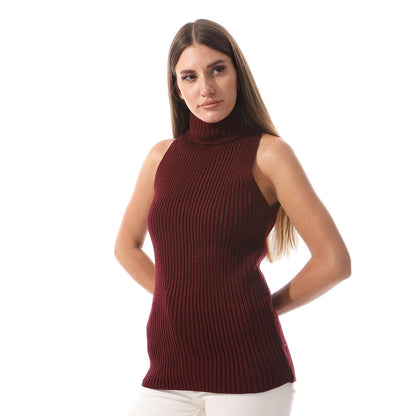 Wool Crew Neck Sleeveless Pullover - Burgundy
