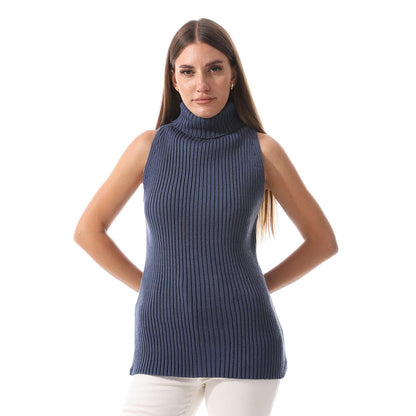 Wool Crew Neck Sleeveless Pullover - Navy Blue