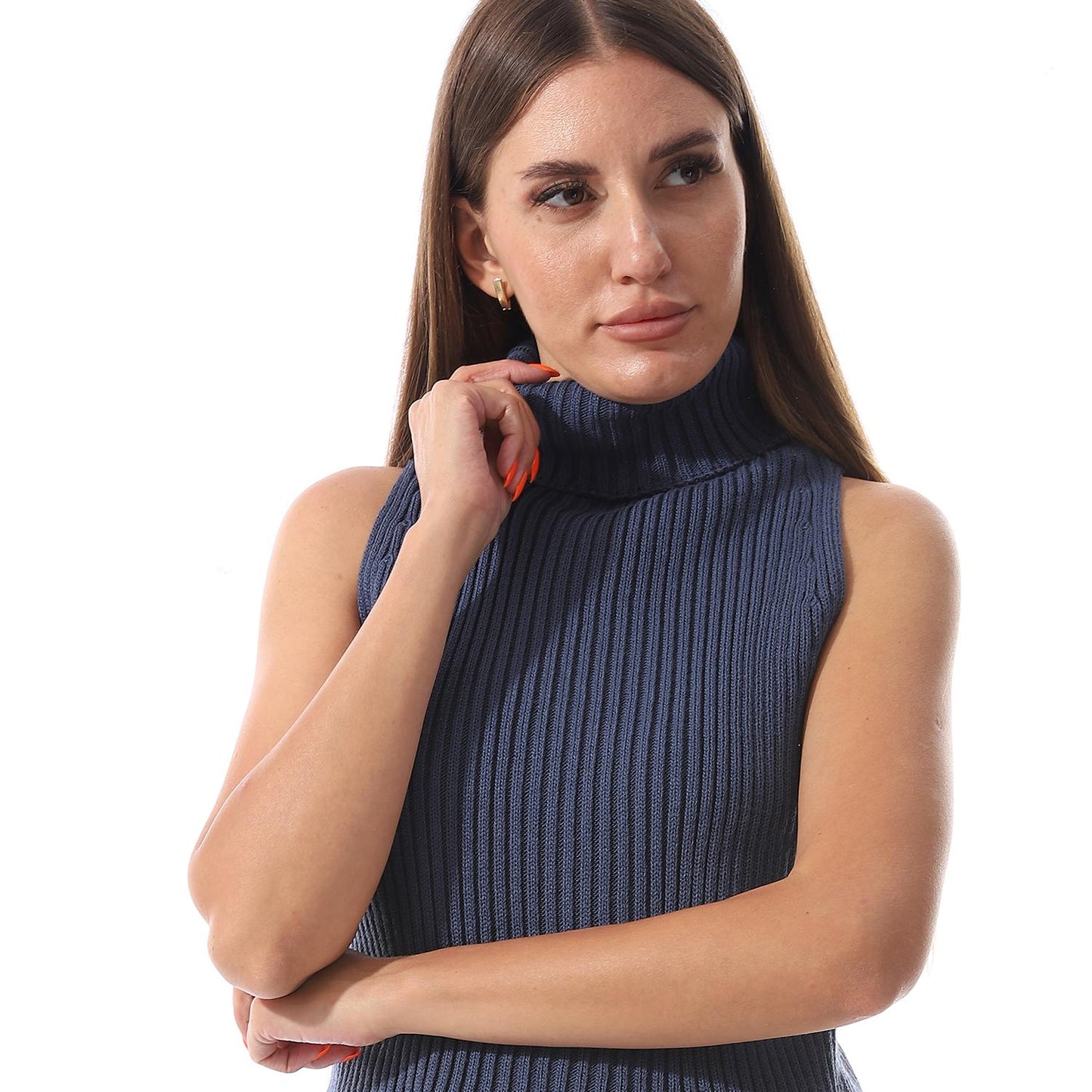 Wool Crew Neck Sleeveless Pullover - Navy Blue