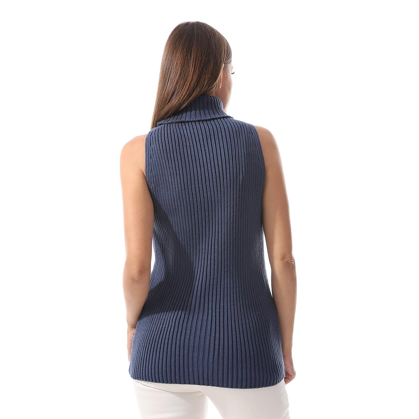 Wool Crew Neck Sleeveless Pullover - Navy Blue