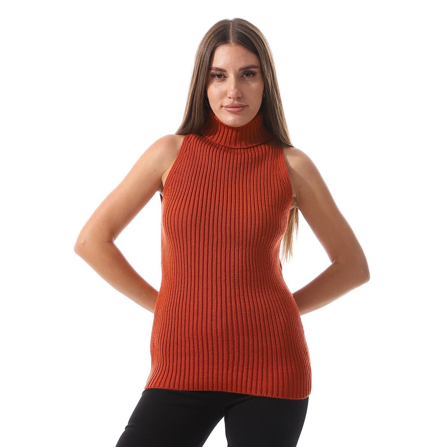 Wool Crew Neck Sleeveless Pullover - Orange