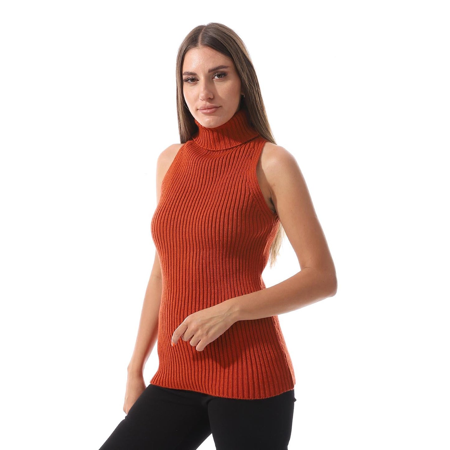 Wool Crew Neck Sleeveless Pullover - Orange