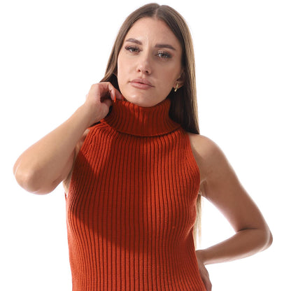 Wool Crew Neck Sleeveless Pullover - Orange