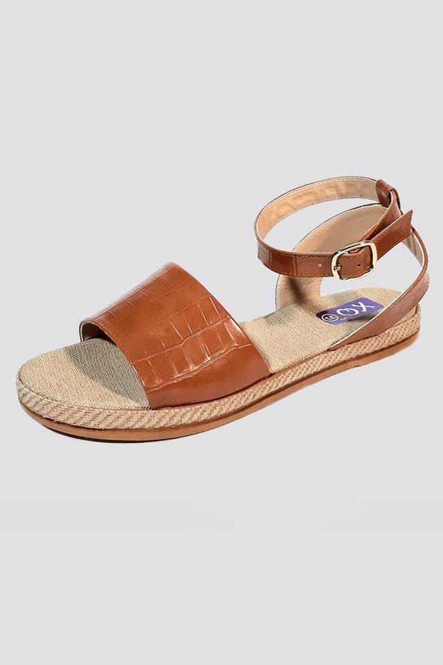 Faux Leather Ankle Strap Espadrille Flat Sandal - Brown