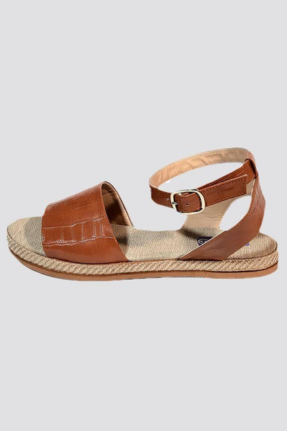 Faux Leather Ankle Strap Espadrille Flat Sandal - Brown