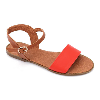 Faux Leather Ankle Strap Flat Sandal - Red