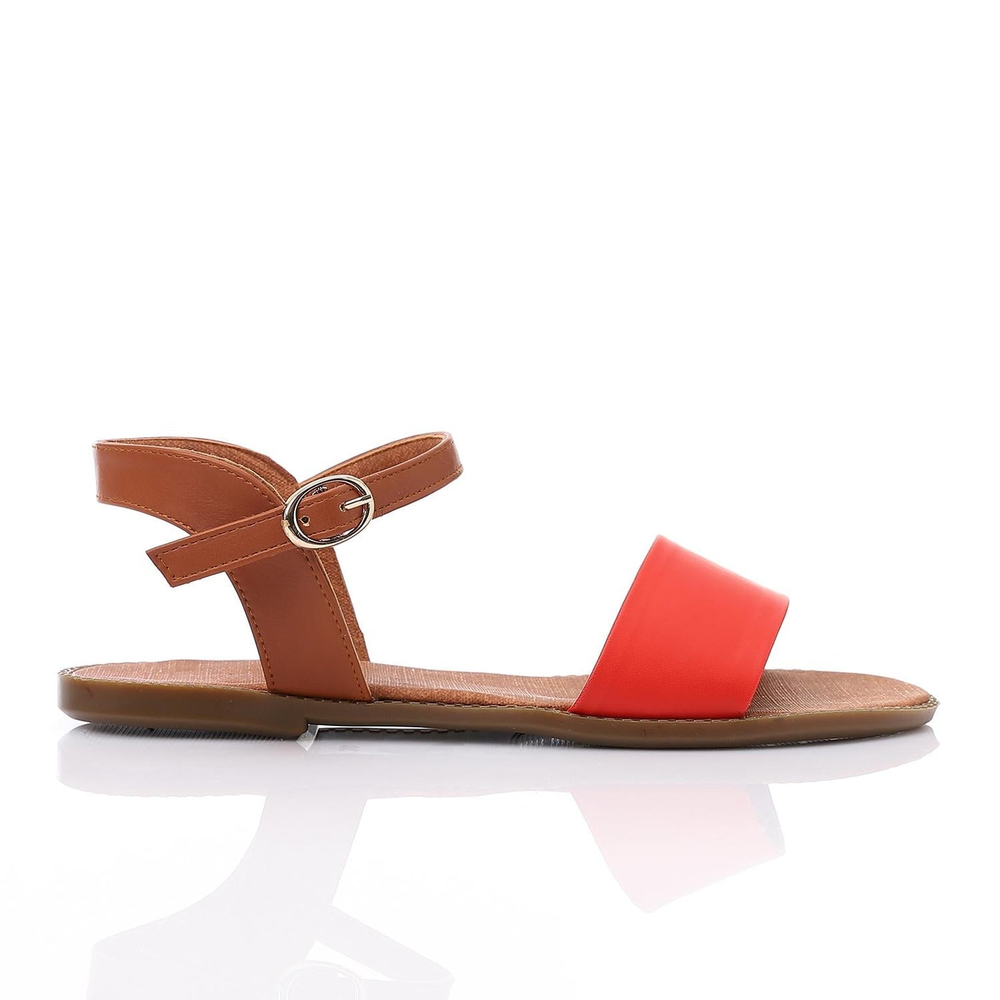 Faux Leather Ankle Strap Flat Sandal - Red