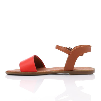 Faux Leather Ankle Strap Flat Sandal - Red