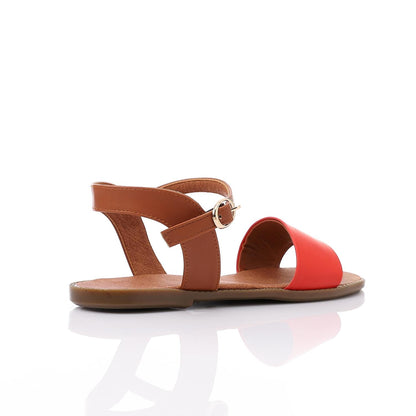 Faux Leather Ankle Strap Flat Sandal - Red