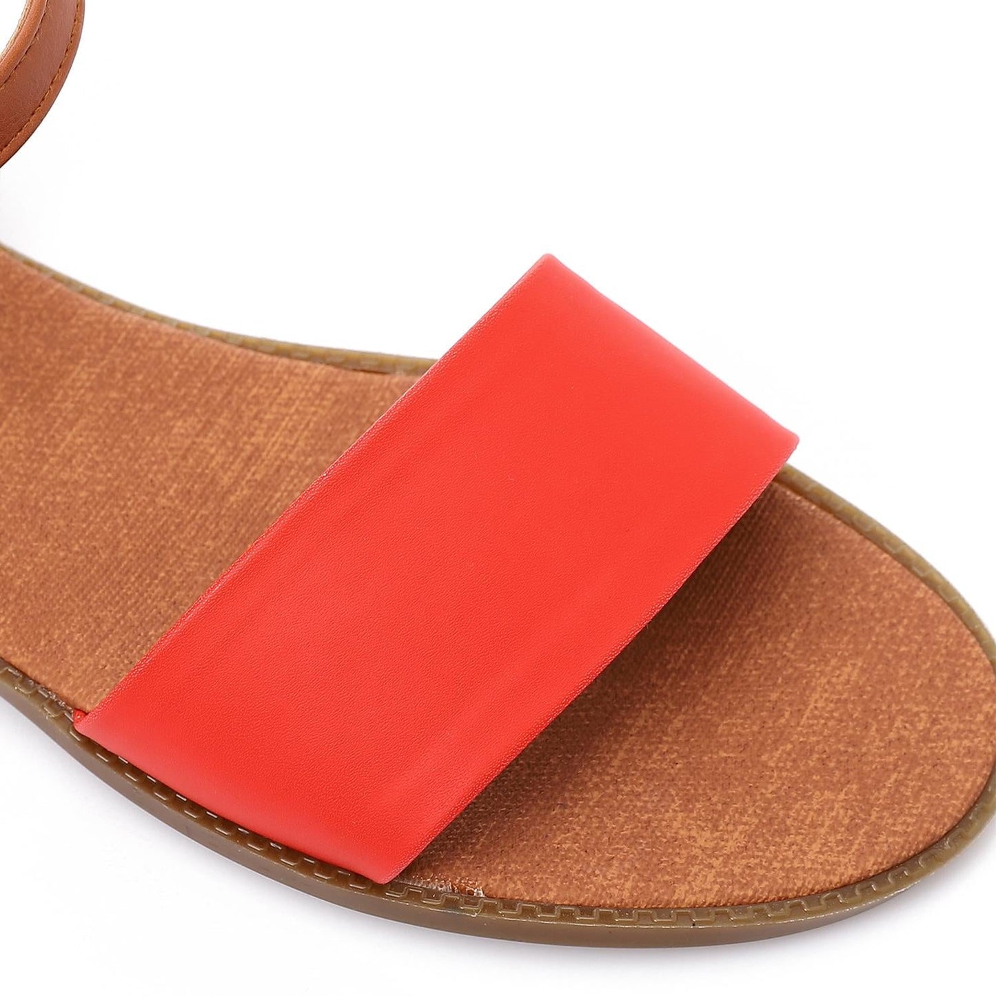 Faux Leather Ankle Strap Flat Sandal - Red
