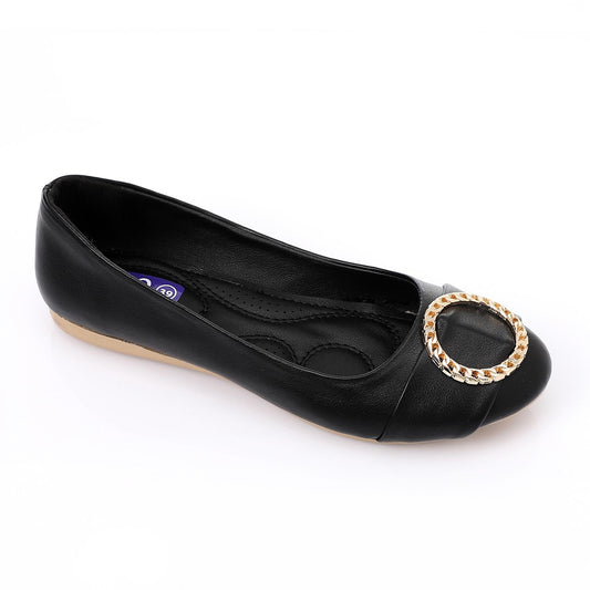 Faux Leather Round-Toe Flat - Black