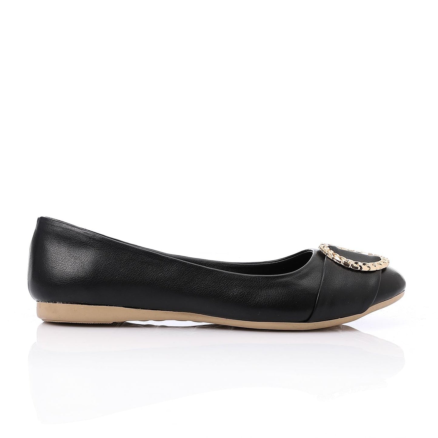 Faux Leather Round-Toe Flat - Black