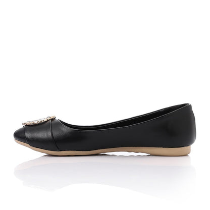 Faux Leather Round-Toe Flat - Black