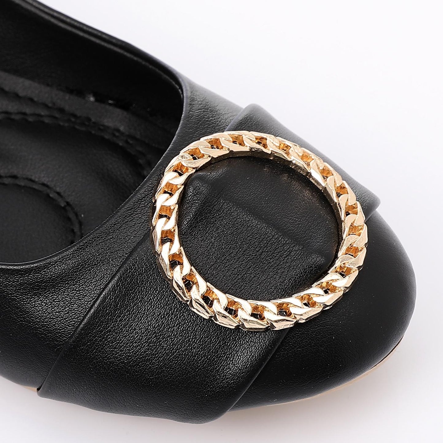 Faux Leather Round-Toe Flat - Black