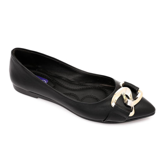 Faux Leather Pointed-Toe Ballet Flat - Black