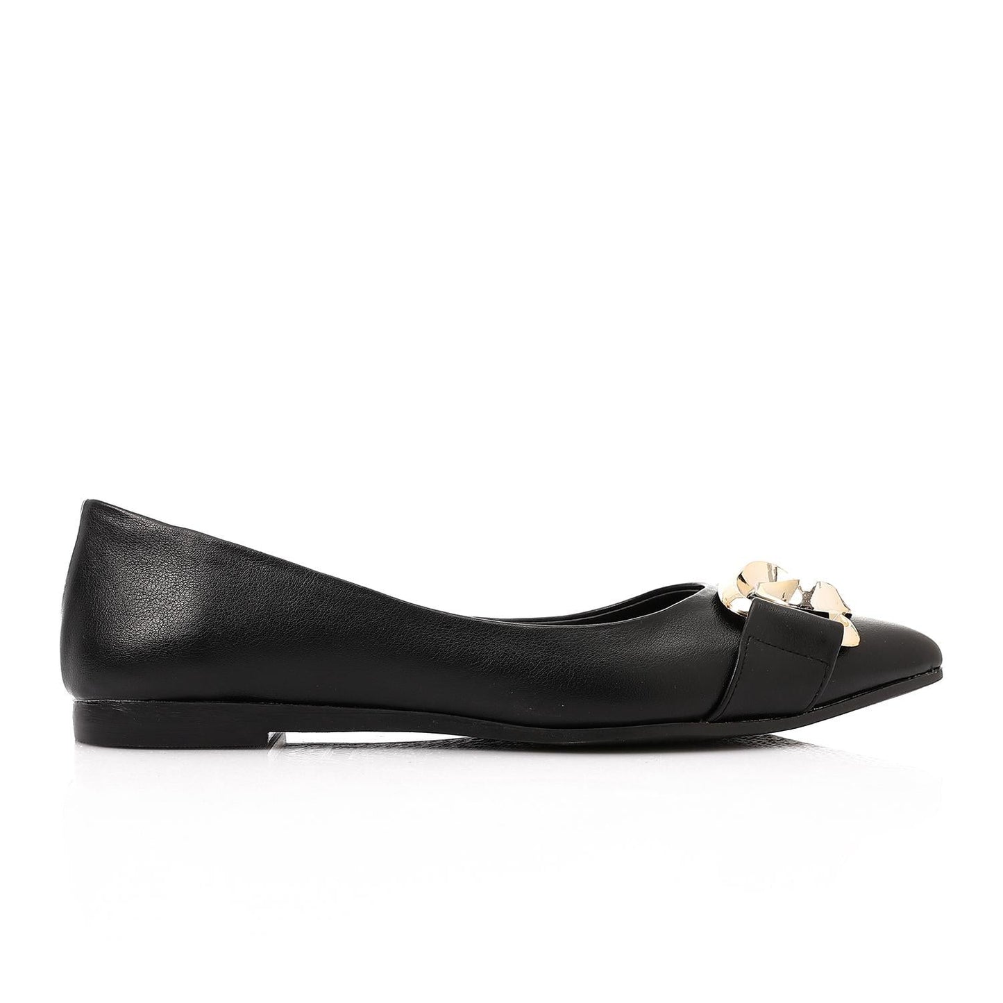 Faux Leather Pointed-Toe Ballet Flat - Black