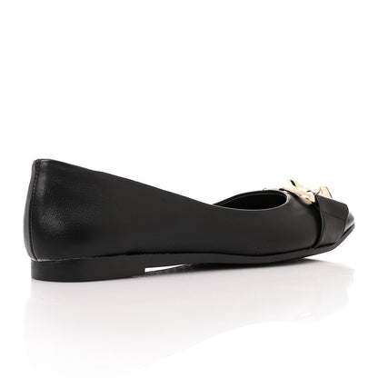 Faux Leather Pointed-Toe Ballet Flat - Black