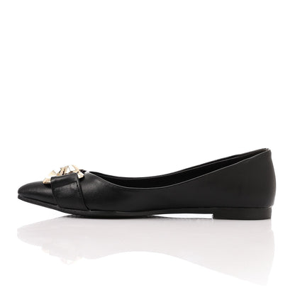 Faux Leather Pointed-Toe Ballet Flat - Black