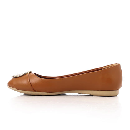 Faux Leather Pointed-Toe Ballet Flat - Camel