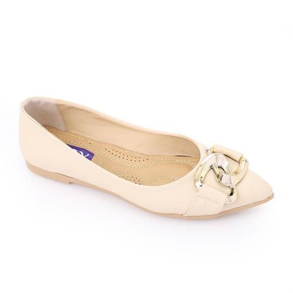 Faux Leather Pointed-Toe Ballet Flat - Beige