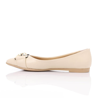 Faux Leather Pointed-Toe Ballet Flat - Beige
